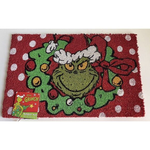 The Grinch Doormat Welcome Mat Christmas Wreath Holiday Porch SanTa Hat NEW - Picture 1 of 8
